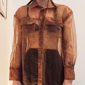 90s Sheer Brown Metallic Button-Up Blouse